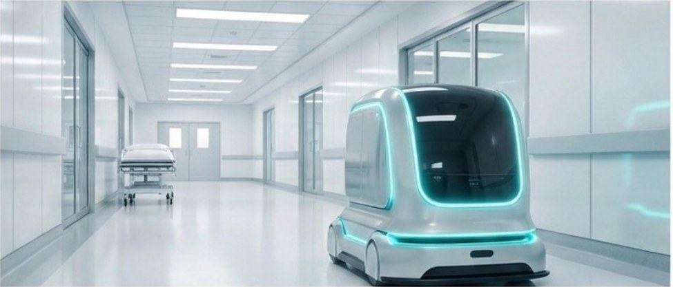Robot AMR medis di koridor rumah sakit untuk sterilisasi dan presisi.