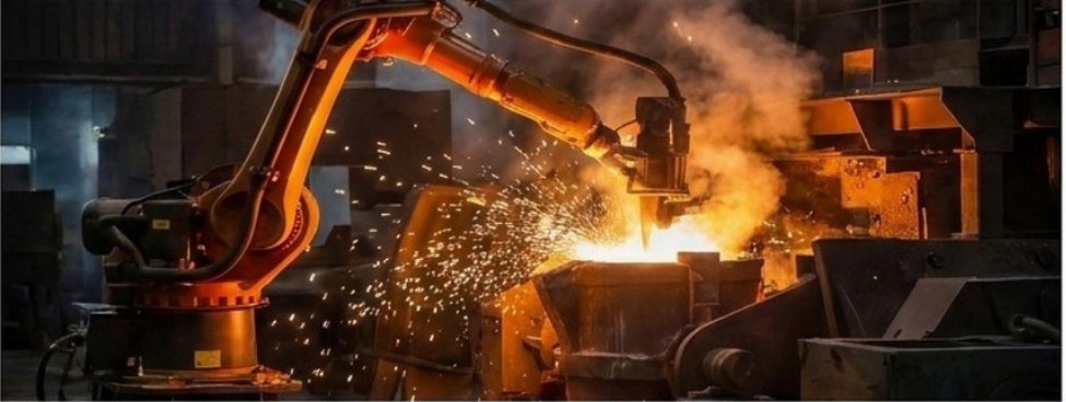 Lengan robot industri di area manufaktur berat dan pengecoran logam.