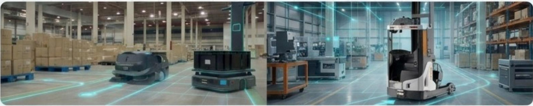 Visual smart warehouse dengan AMR dan alur kerja real-time.